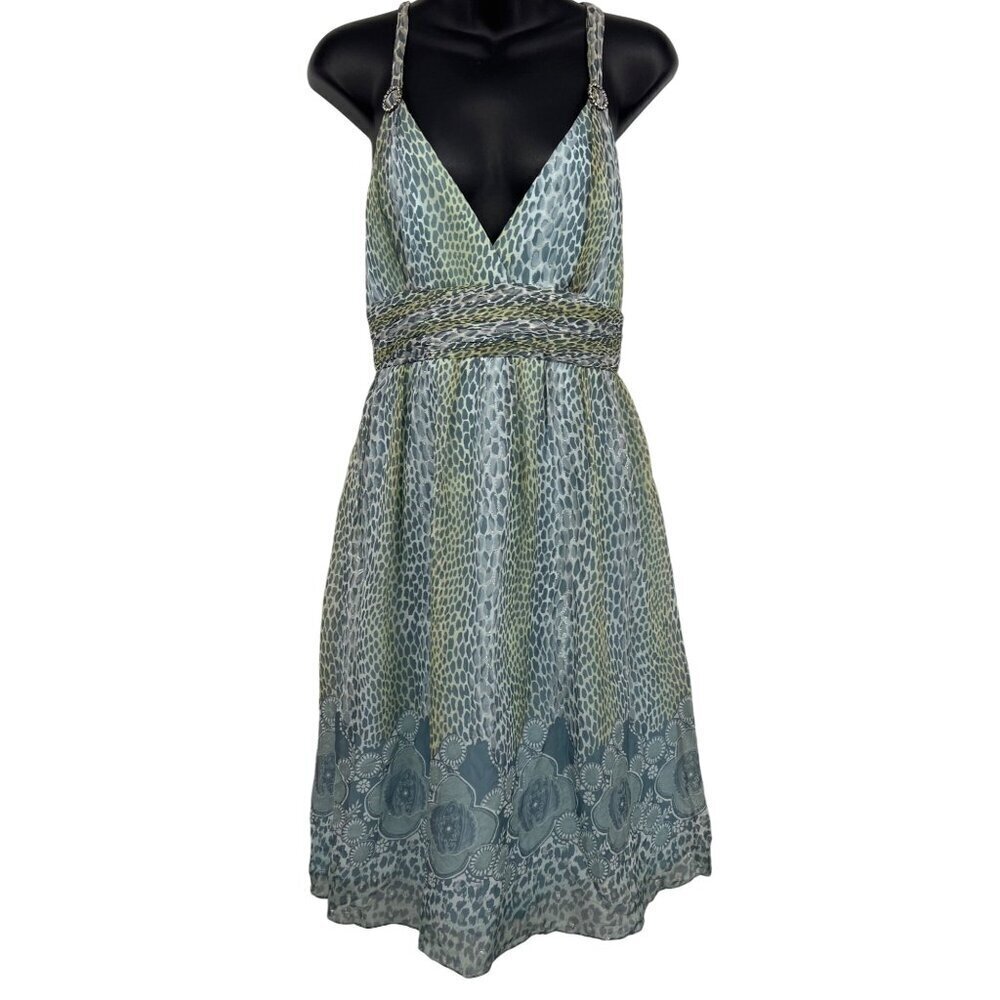 Morrell Maxie Women Silk Dress Size 6 Blue Green Fit Flare V-Neck Women Zip New